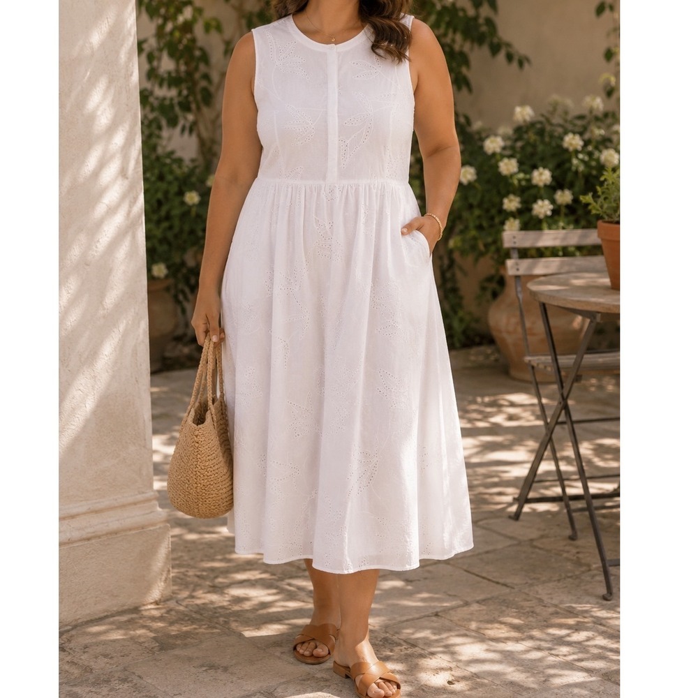 Cotton Floral Eyelet Sleeveless Midi‎ Dress Croft & Barrow Large White NWT